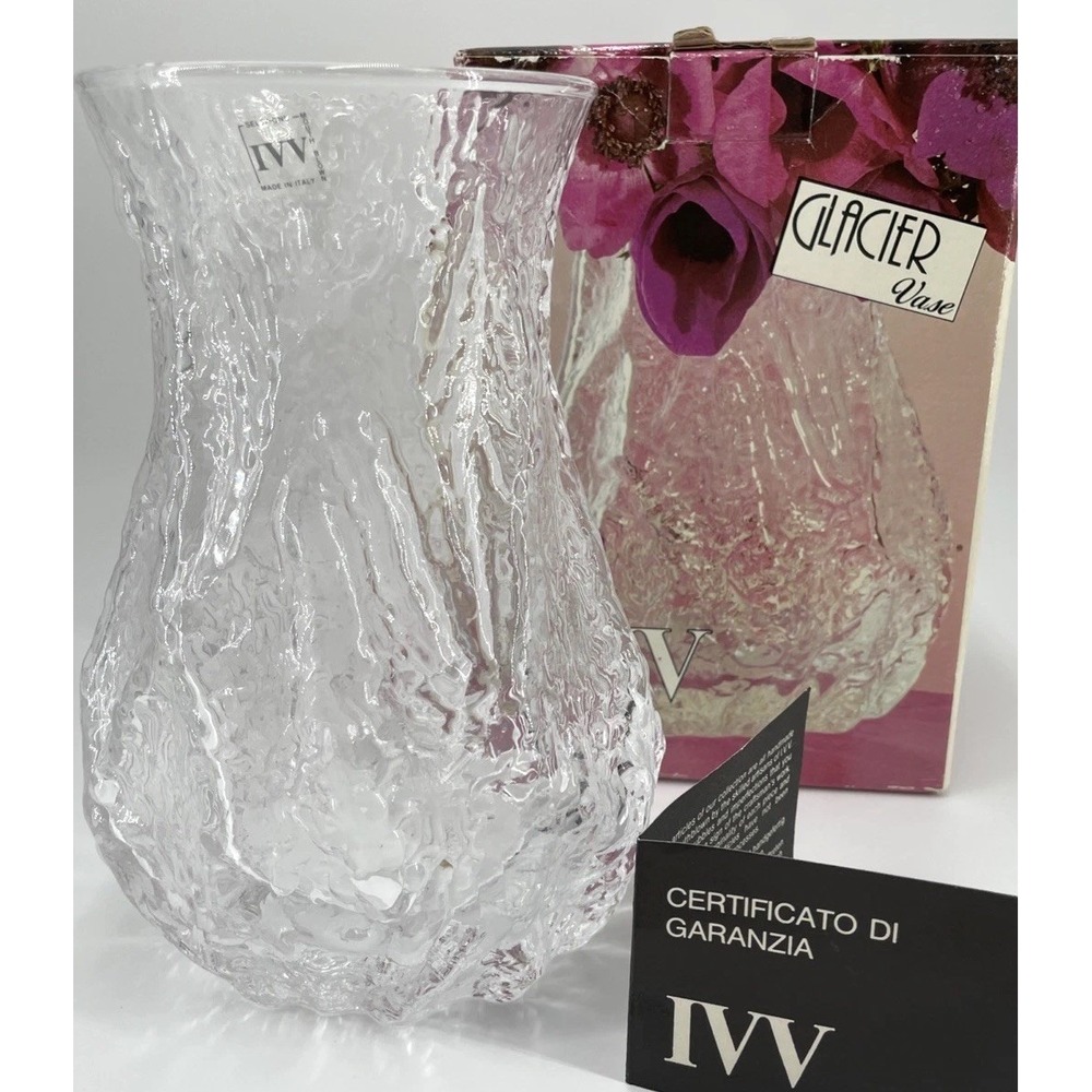IVV Glacier Vase Clear Textured Mouth Blown Glass Made in Italy with Box 9 Inch